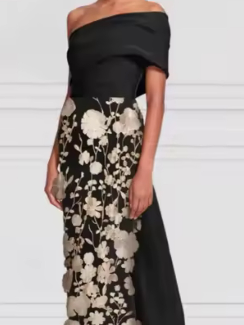 Off-Shoulder Black Floral Skirt with Gold Embroidery